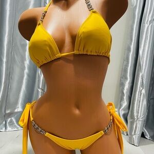 Yellow Rhinestone Embellished Bikini Tie Sides​​​​